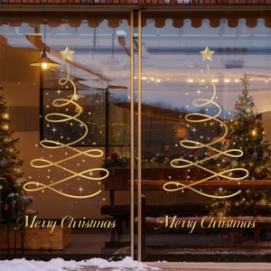 Golden spiral Christmas tree window stickers with Merry Christmas greeting for glass decor