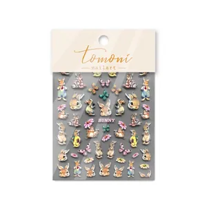Autocollants ongles japonais en relief avec lapins de conte de fées et fleurs vintage