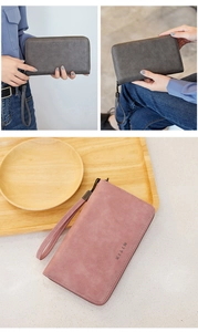 Detailed views of long RFID wallets in dark grey and pink with zip closure and wristlet