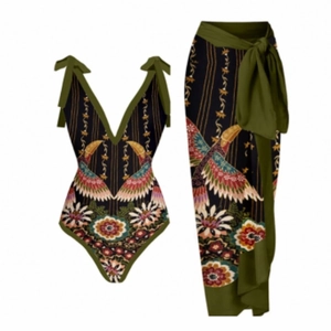 Tropical bird print bikini set with V-neck swimsuit and matching wrap skirt