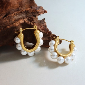 Gold Plated Stainless Steel Hoop Earrings With Embedded Imitation Artificial Pearls French Retro Elegant Minimalist Jewelry