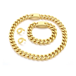 Polished 18K gold-plated 13mm Cuban chain jewelry set including necklace, bracelet and earrings