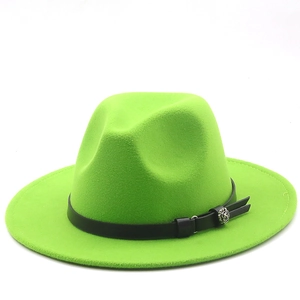 Detail of neon green wool fedora hat with black leather band and silver floral buckle