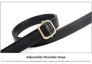Detail of adjustable black leather strap with gold square buckle on shoulder bag