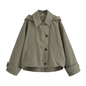 Women's olive green hooded cape-style windbreaker jacket with buttons and adjustable cuffs