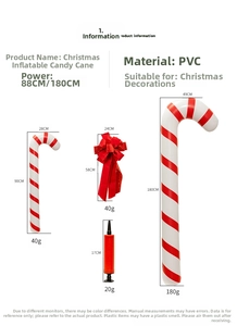 Size chart for PVC Christmas inflatable candy canes in 90cm and 180cm dimensions