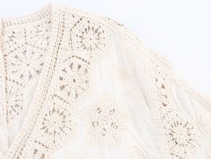 Detail of crochet knit cardigan showing intricate lace floral patterns and cream texture
