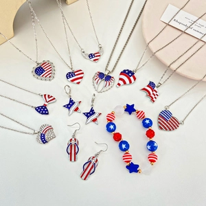 American Flag Theme Jewelry Alloy Enamel Rhinestone Independence Day Heart Wing Star Necklace Earrings Bracelet Brooch Women