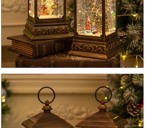 Detail of a vintage bronze Christmas lantern with LED light and swirling snow effect