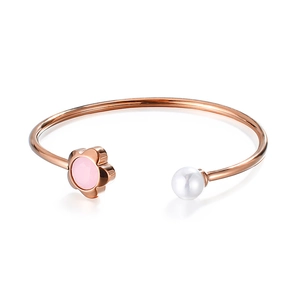 Stainless Steel Open Bangle With Shell Artificial Pearl And Pink Glass Flower Korean Fashion Adjustable Bracelet For Women