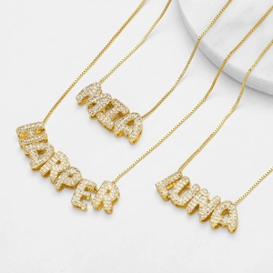 Custom gold name necklace set with MIA HARPER LUNA letter pendants and zircon stones