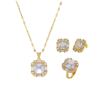 Elegant gold square-cut cubic zirconia necklace earrings and ring jewelry set for brides