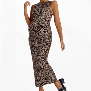 Sleeveless leopard print maternity maxi dress with slim fit design for women