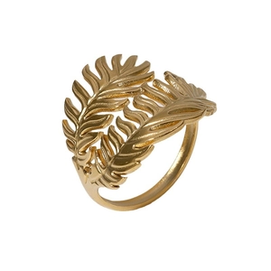 Anello aperto in acciaio inossidabile dorato con un motivo a foglia traforato minimal