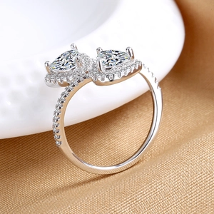 Double pear-cut heart diamond open ring in silver finish with pavé set band for women