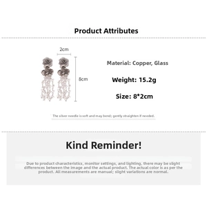 Detailed specs of rose flower fringe earrings in copper and glass with 925 silver needles