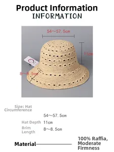 Guide des tailles pour chapeau en raphia montrant la circonférence et les mesures de bord