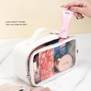 Borsa da toilette in PVC trasparente impermeabile con grande capacità e manico bianco