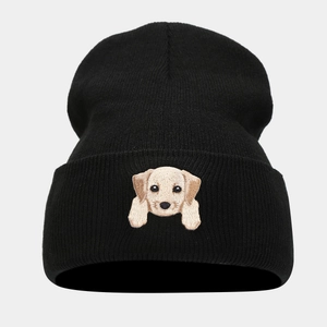 Classic black winter knit beanie featuring a cute golden retriever puppy embroidery