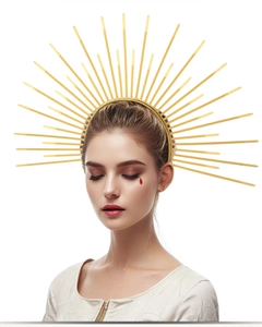 Detailed view of a golden sun goddess halo crown headband on a model for cosplay