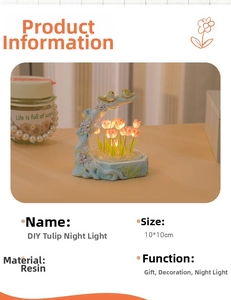 Detailed macro view of DIY tulip night light showing 10x10cm size and resin material base