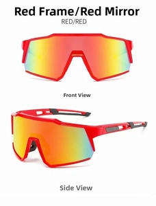 Detail view of red cycling glasses featuring anti-slip nose pads and ergonomic temples