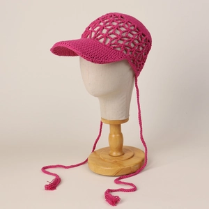 Women Crochet Hand Knitted Baseball Cap Cotton Yarn Hollow Out Breathable Sun Hat With Long Tassel Ties Adjustable Stylish