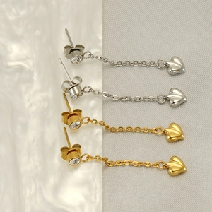 Elegant stainless steel heart tassel earrings with zircon studs in gold and silver finish