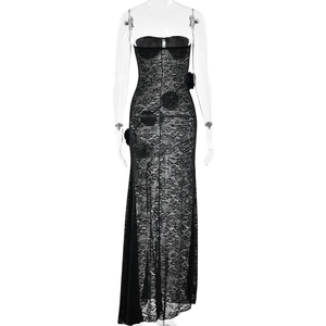 Detailed view of black lace strapless long dress with sheer floral texture and side slit