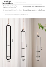Three sizes of black iron wall-mounted hydroponic vases with glass tubes and rope