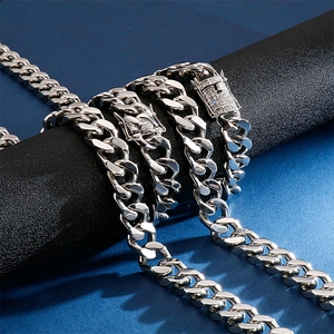 Polished silver stainless steel Cuban link chains with iced out diamond square buckles