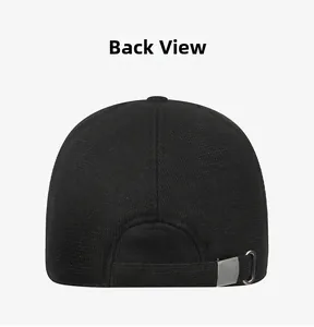 Detail view of the black winter baseball cap back with adjustable metal buckle