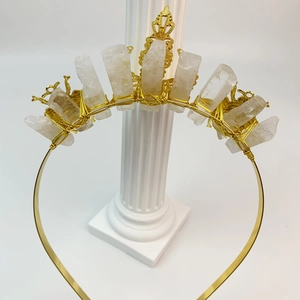 Handmade gold crystal bee crown headband with raw stones and rhinestone moon details