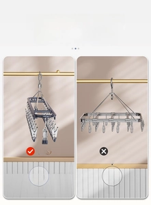 Close-up of durable stainless steel laundry hanger with 18 non-slip metal clips and hooks