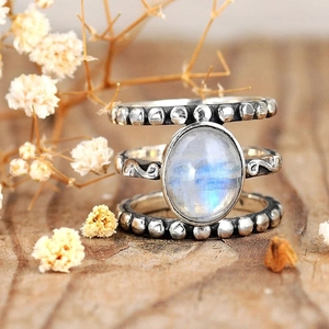 Ensemble de bagues pierre de lune rétro en argent S925 avec trois couches de perles