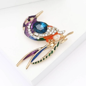 Exquisite rhinestone woodpecker brooch with blue gemstone and colorful enamel finish