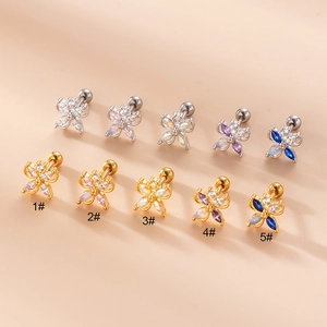 Marquise Zircon Flower Butterfly Cartilage Piercing Stud Earring Stainless Steel Round Screw Back Korean Style