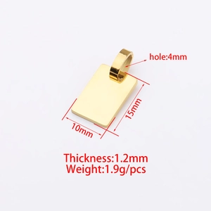 Gold stainless steel rectangle pendant 10x15mm with engraved dimensions on white background
