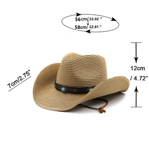 Detail view of woven cowboy straw hat showing 12cm crown height and 7cm wide brim size