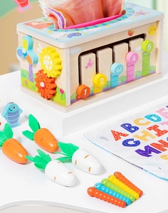 Detailed educational wooden activity cube with magnetic fishing and carrot harvest game