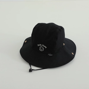Detail of black cotton sun hat featuring brand embroidery and adjustable windproof drawstring