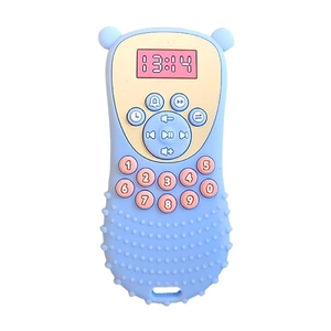 Blue silicone baby educational toy phone with bear ears and pink digital keypad