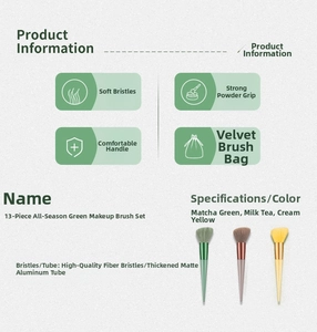 Detailed specifications of 13-piece makeup brush set with soft fiber bristles and pouch