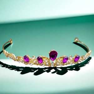 Luxury gold bridal crown tiara with elegant purple teardrop zircon stones for weddings