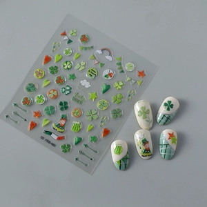 Detail of 5D embossed St. Patrick's Day nail stickers with lucky clovers and leprechauns