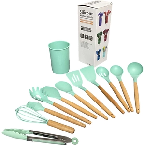 Juego de 12 utensilios de cocina de silicona verde menta con mangos de madera y cubo