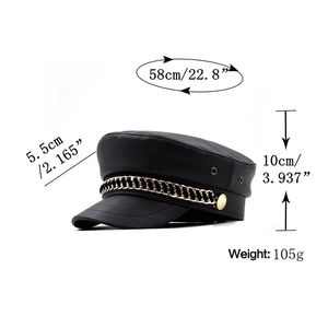 Black leather marine style flat top cap with gold chain decoration and size dimensions