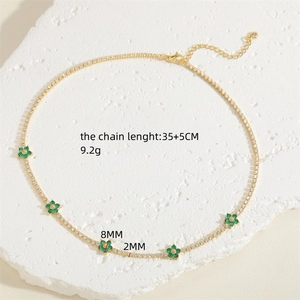 Gold flower choker necklace with green zircons and sparkling crystals, 35+5cm length