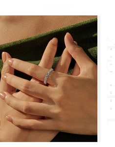 Detail of a sparkling S925 sterling silver eternity ring with round moissanite stones