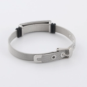 Silver stainless steel mesh bracelet with adjustable belt buckle and black rubber accents